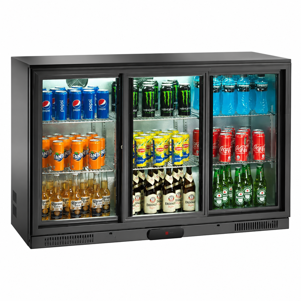 Frigo bibite retrobanco Amitek AK301BBS su fondo bianco