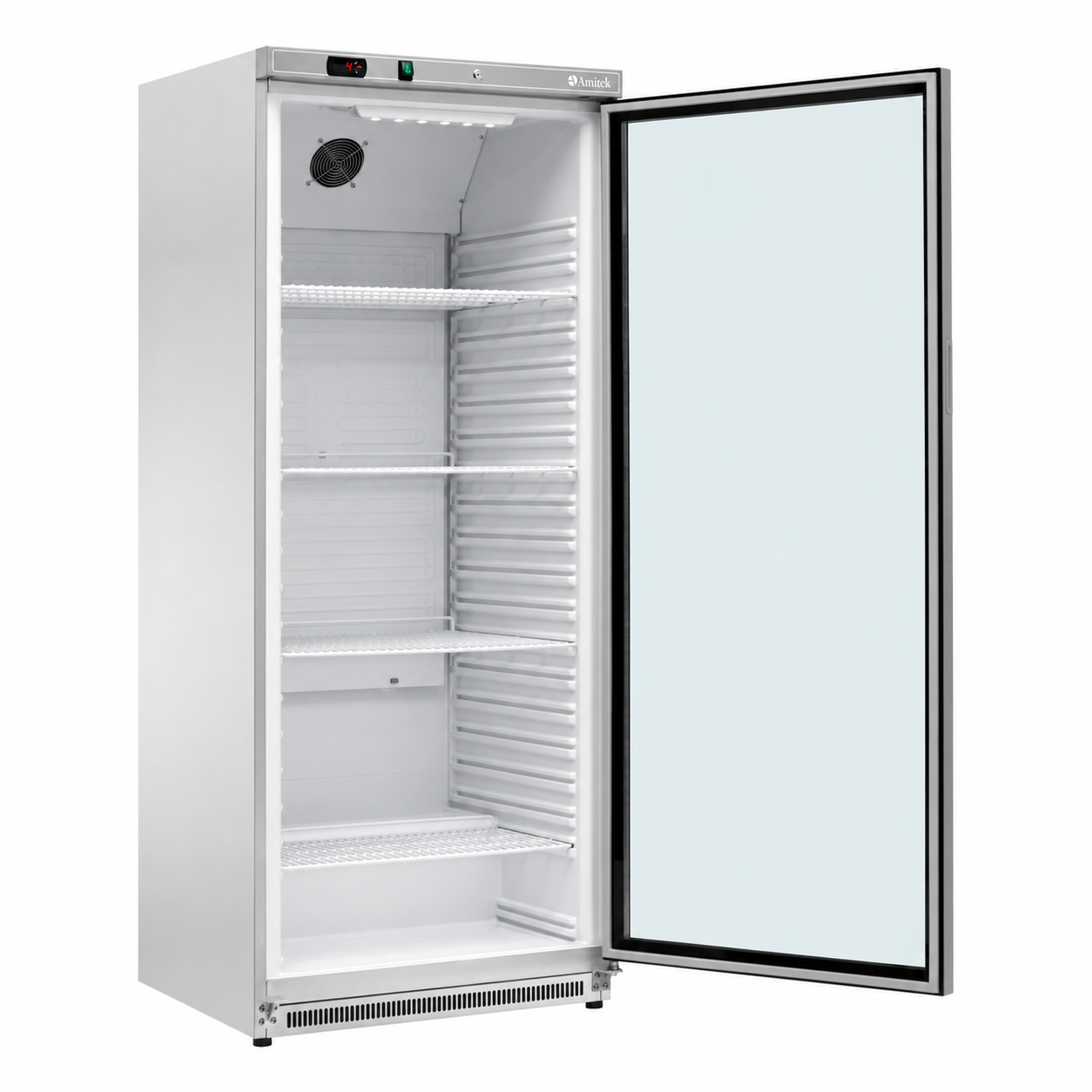 Frigorifero Amitek AKM600RG SS in acciaio inox, porta in vetro aperta e ripiani interni