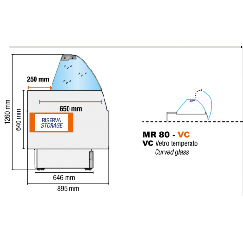 Disegno dimensionale Tecnodom MR80 – Banco Refrigerato Espositivo con Riserva Ventilato Professionale