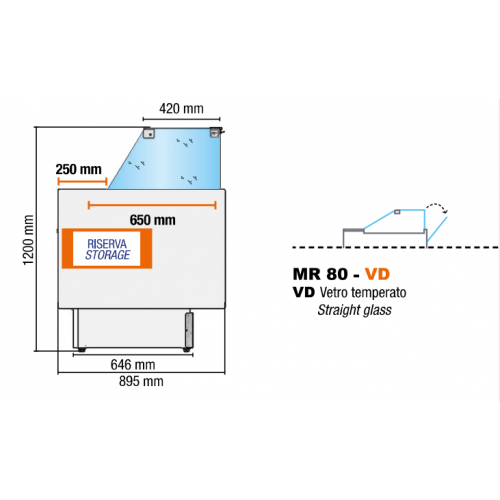 Disegno dimensionale Tecnodom MR80 – Banco Refrigerato Espositivo con Riserva Ventilato Professionale
