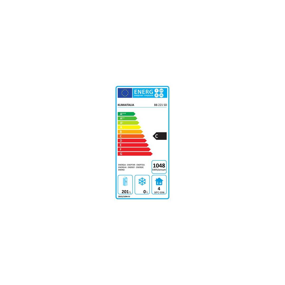 Etichetta energetica FRIGO RETROBANCO REFRIGERATO POSITIVO VENTILATO 1 PORTA E 2 CASSETTI - BB 221 SD - Temp. 0°C/+10°C - Dim. cm. L146,2xP51,3xh86