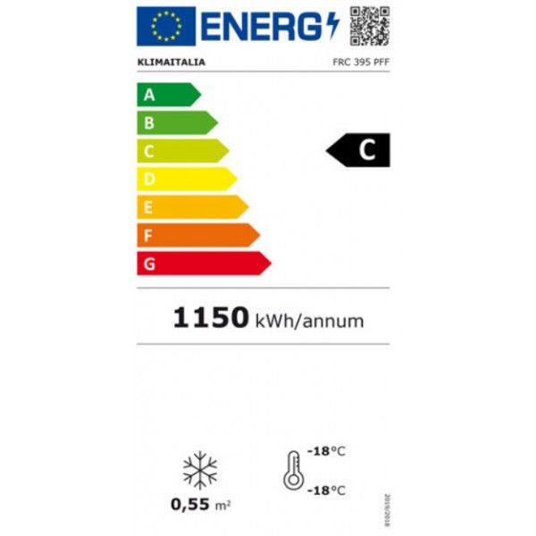 Etichetta energetica Frigo/congelatore a pozzetto statico con vetri scorrevoli – Klimaitalia FRC 395 PFF | 309/396 L | 0/+10 °C | -18/0 °C | L 123,4 × P 65,3 × H 90 cm