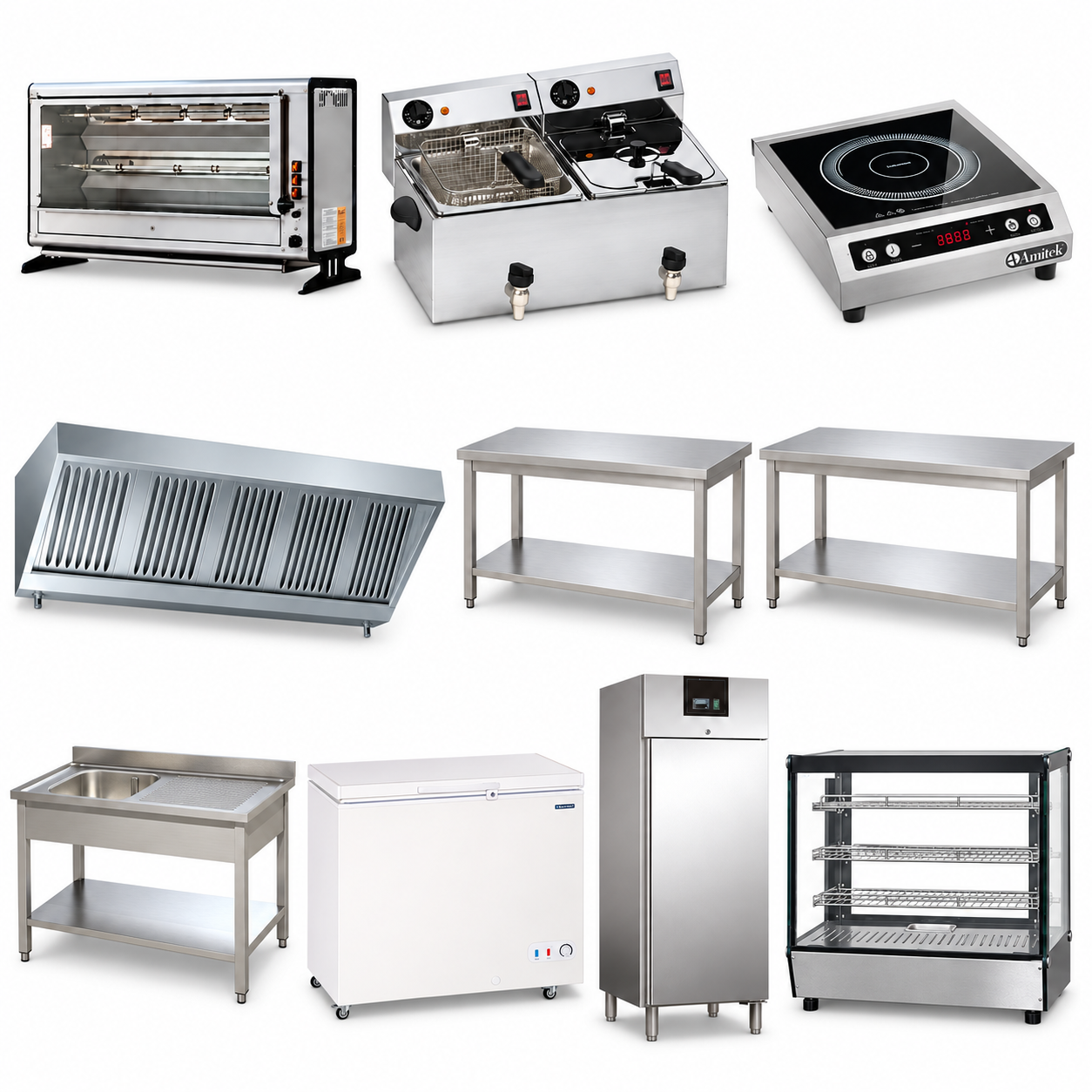 Kit rosticceria con dieci attrezzature incluse, compresi due tavoli
