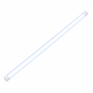 Tubo LED lungo acceso su sfondo bianco, senza vetro o supporti metallici - immagine illustrativa