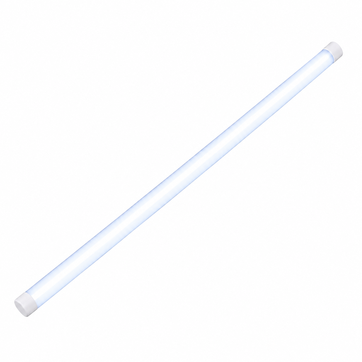 Tubo LED lungo acceso su sfondo bianco, senza vetro o supporti metallici - immagine illustrativa
