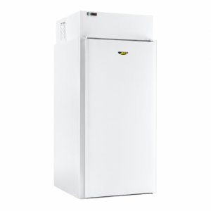 Minicella frigorifera JKS 100 con porta chiusa e monoblocco a soffitto su sfondo bianco