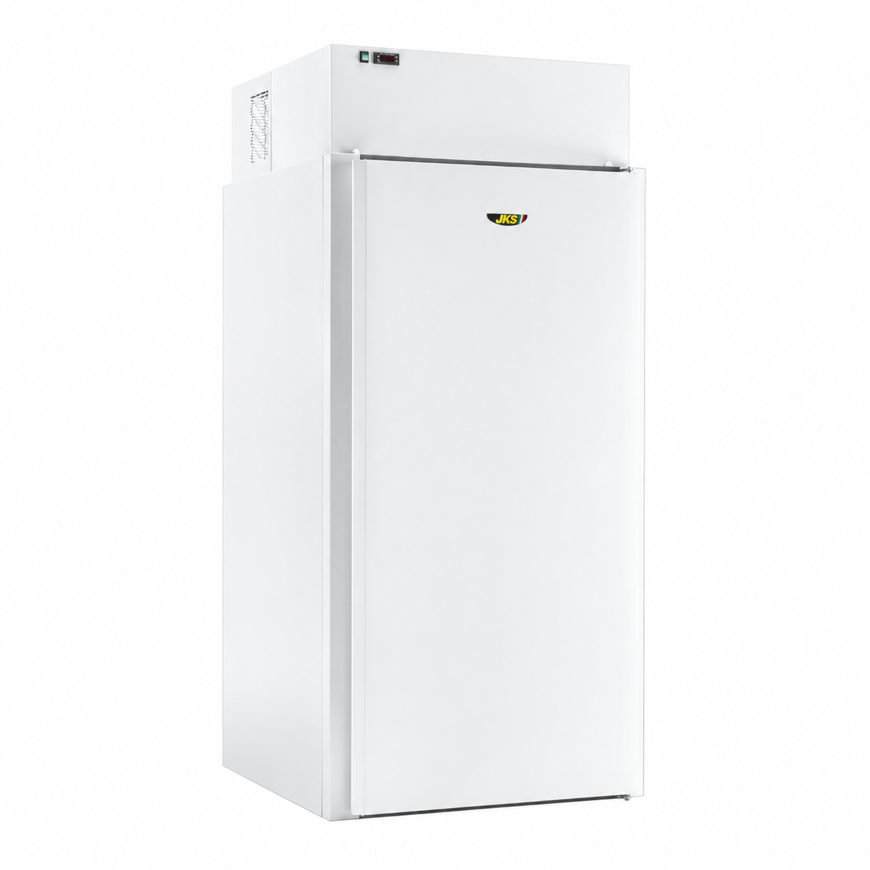 Minicella frigorifera JKS 100 con porta chiusa e monoblocco a soffitto su sfondo bianco