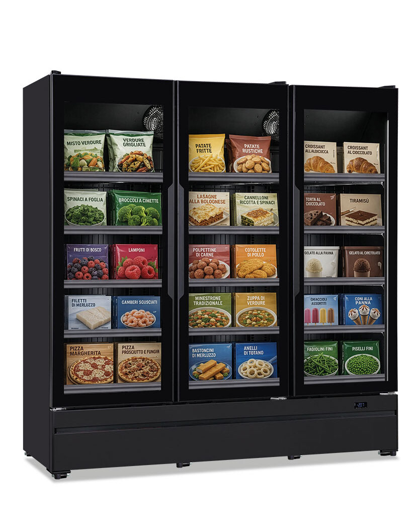 Armadio congelatore murale negativo ventilato per prodotti surgelati 3 porte vetro no frost – Klimaitalia ROMA 188 BT BLK | -22/-18 °C | L 188 × P 74,5 × H 198,3 cm