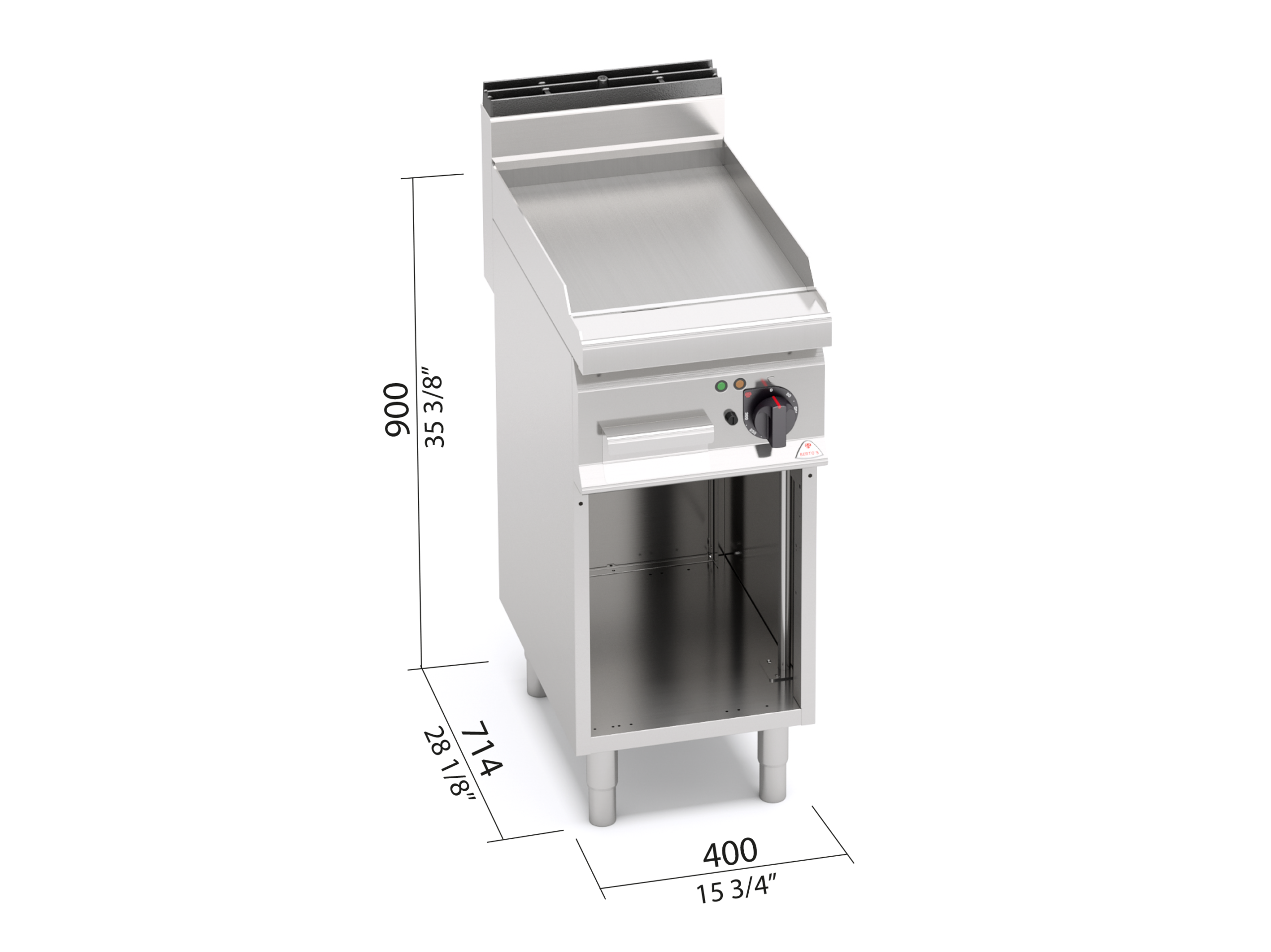 Fry top elettrico con piastra liscia su vano aperto Berto’s E7FL4MP - dimensioni L400xP714xH900 mm