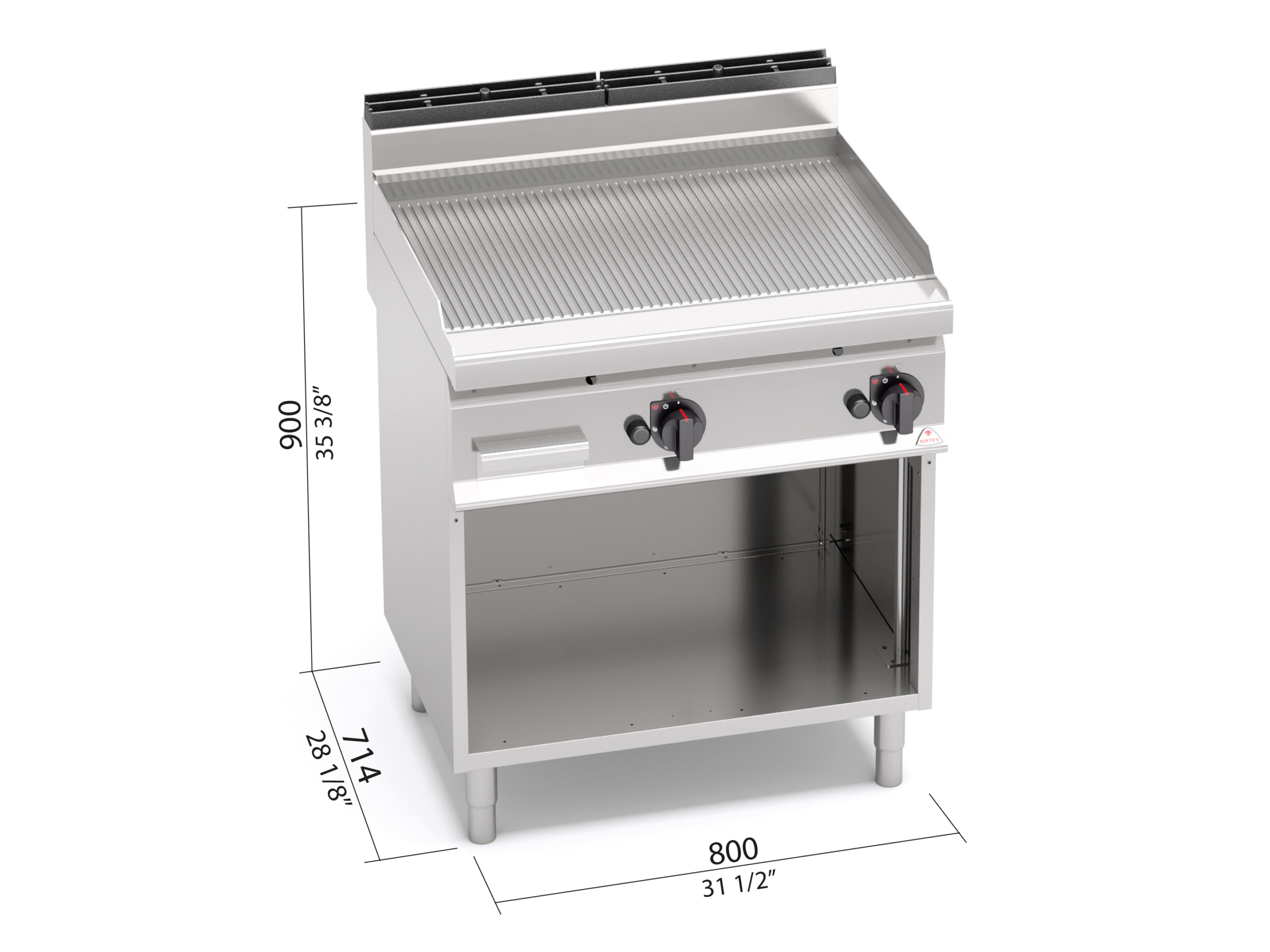 Fry top a gas con piastra rigata su vano aperto Berto’s G7FR8M-2 - dimensioni L800xP714xH900 mm