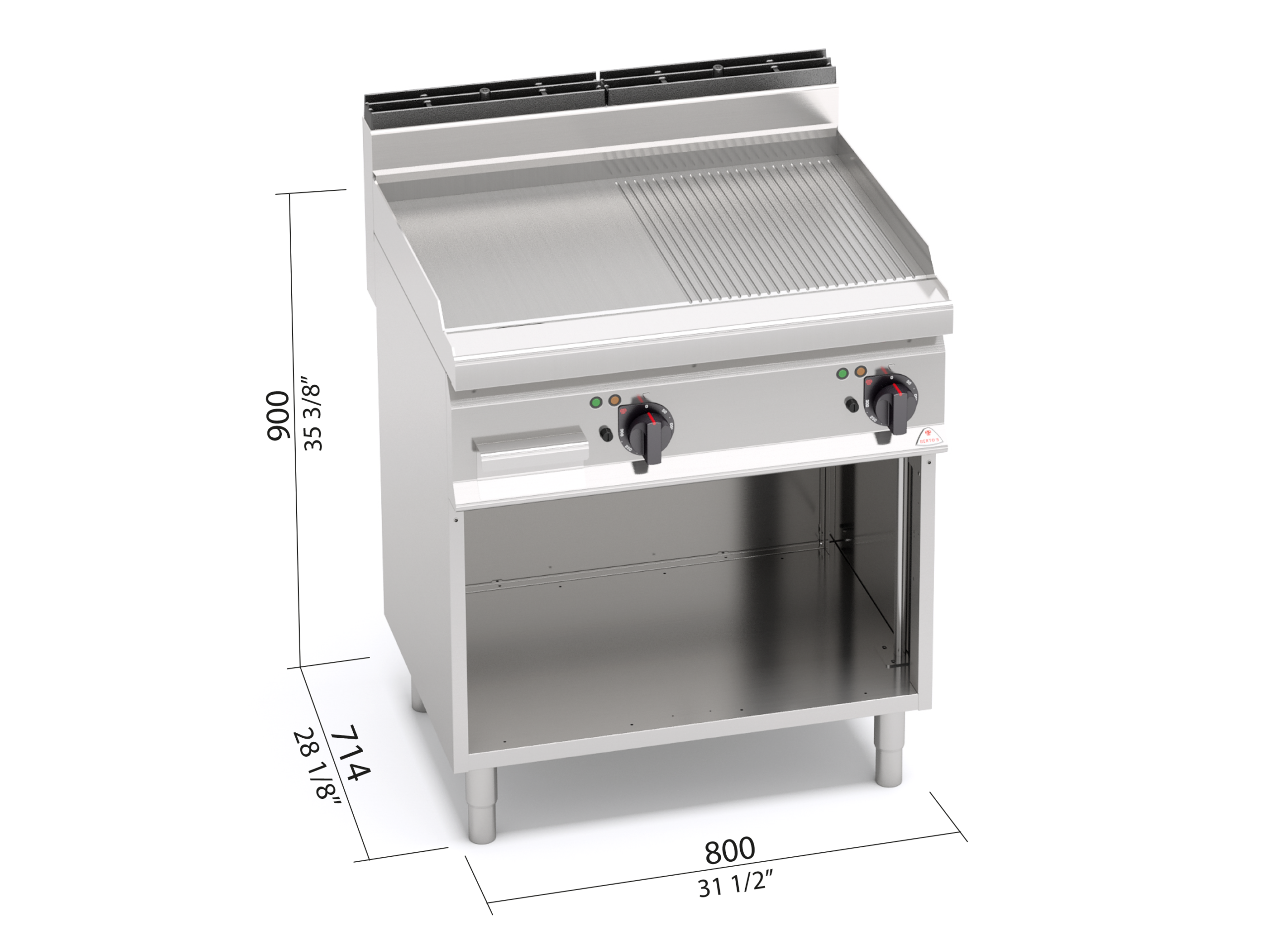 Fry top elettrico con piastra mista liscia e rigata su vano aperto Berto’s E7FM8MP-2 - dimensioni L800xP714xH900 mm
