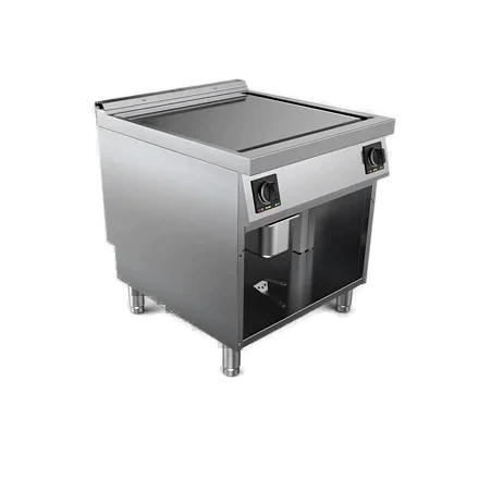 Fry top elettrico piastra liscia cromata satinata su vano aperto | Offcar M9FTE80LS | L 800 × P 900 × H 900 mm | 13,2 kW