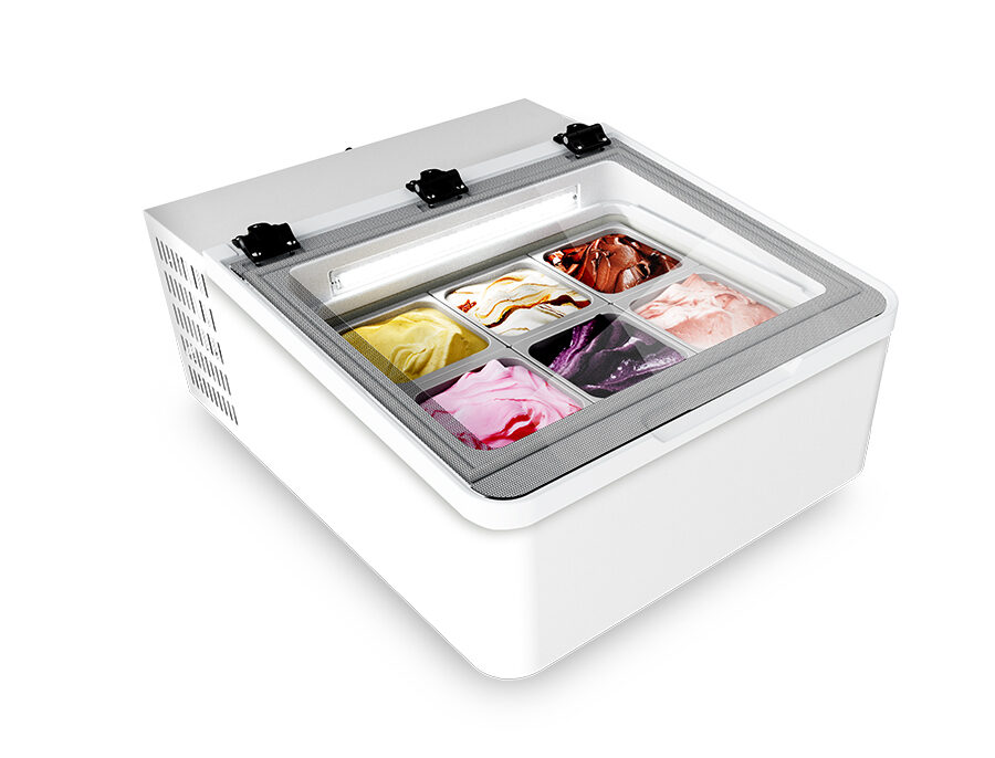 Espositore gelato da banco – MINI CREAM 3V W – Capacità 35Lt – Temp. -22°-10°C – Dim. cm. L 65,4 x P 79 x h 34,5
